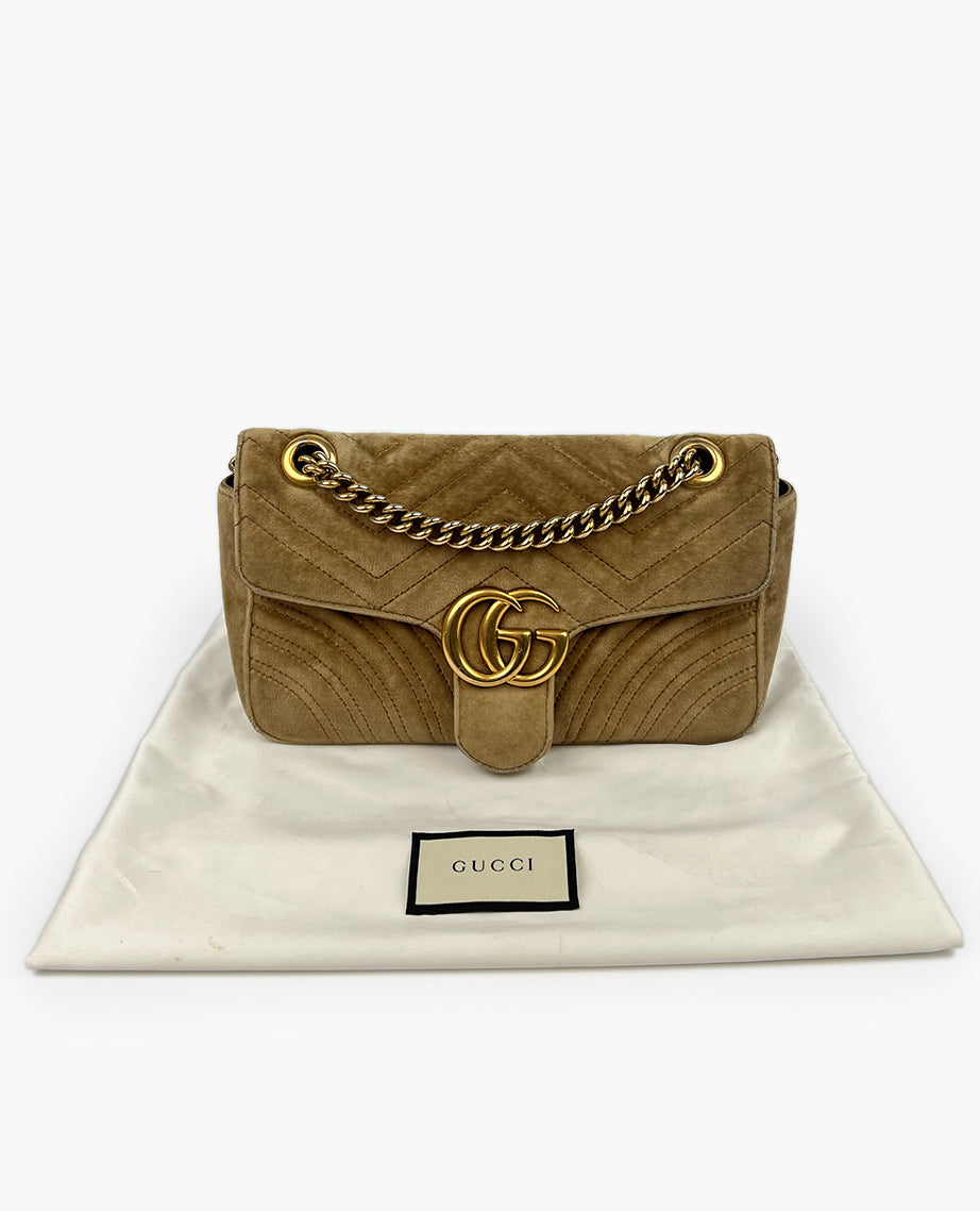 Gucci GG Marmont Small Beige Velvet Shoulder Bag – Luxury Helsinki