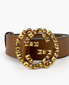 Gucci Calfskin Studded Interlocking G Belt Brown 80