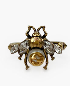 Gucci Crystal Pearl Enamel Bee Multifinger Ring S