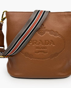 Prada Vitello Phenix Embossed Logo Shoulder Bag Brown