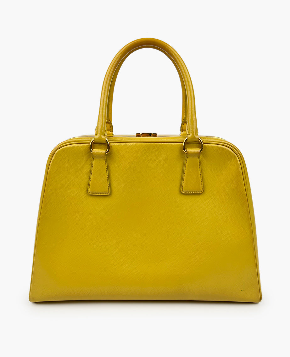 Prada Saffiano Leather Pyramid Frame Satchel Wallet Yellow