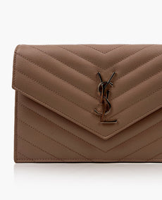 Saint Laurent Envelope Chain Wallet In Grain De Poudre Embossed Leather Pink