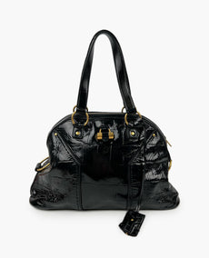 Saint Laurent Black Croc Embossed Patent Leather Muse Bag