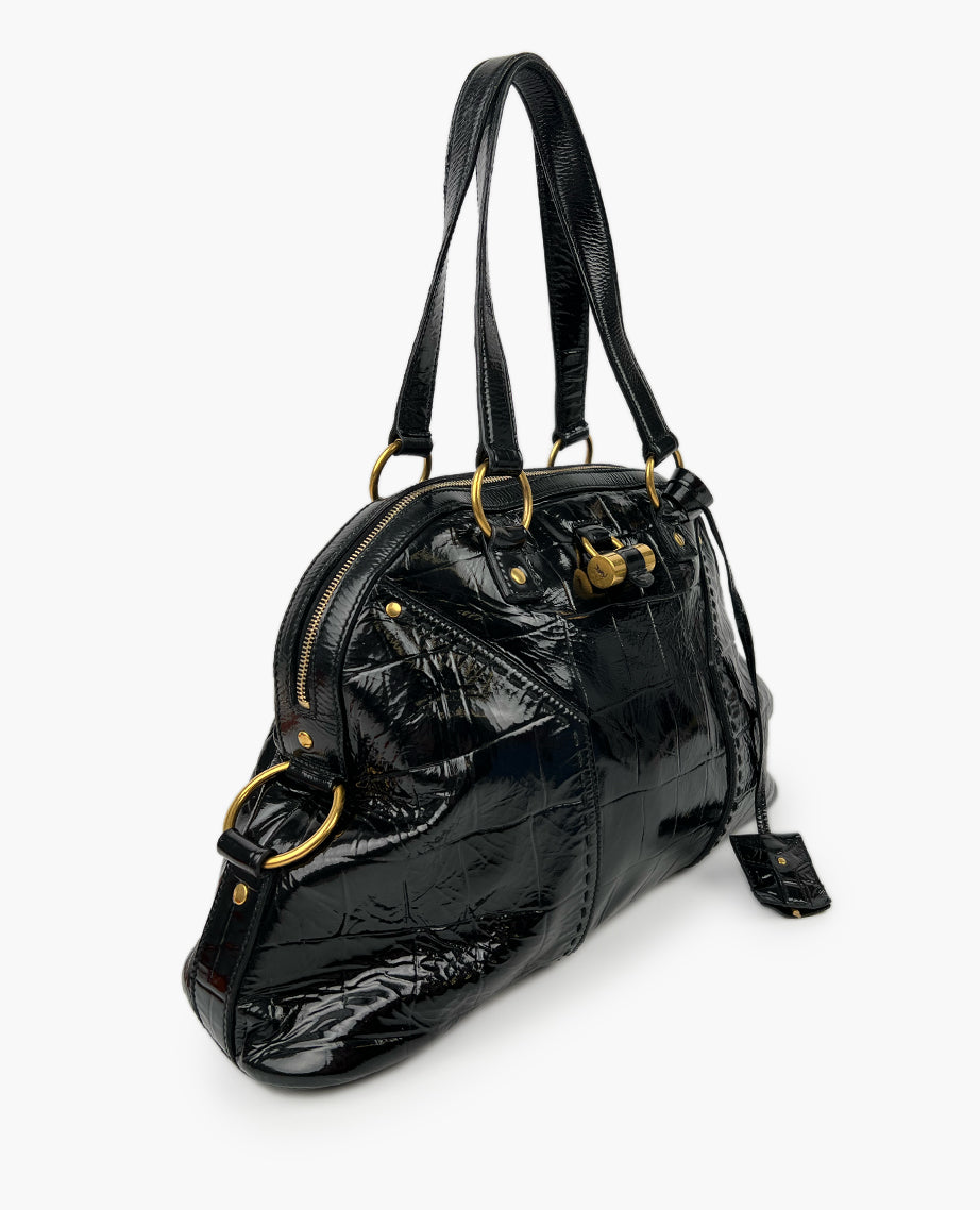 Saint Laurent Black Croc Embossed Patent Leather Muse Bag – Luxury