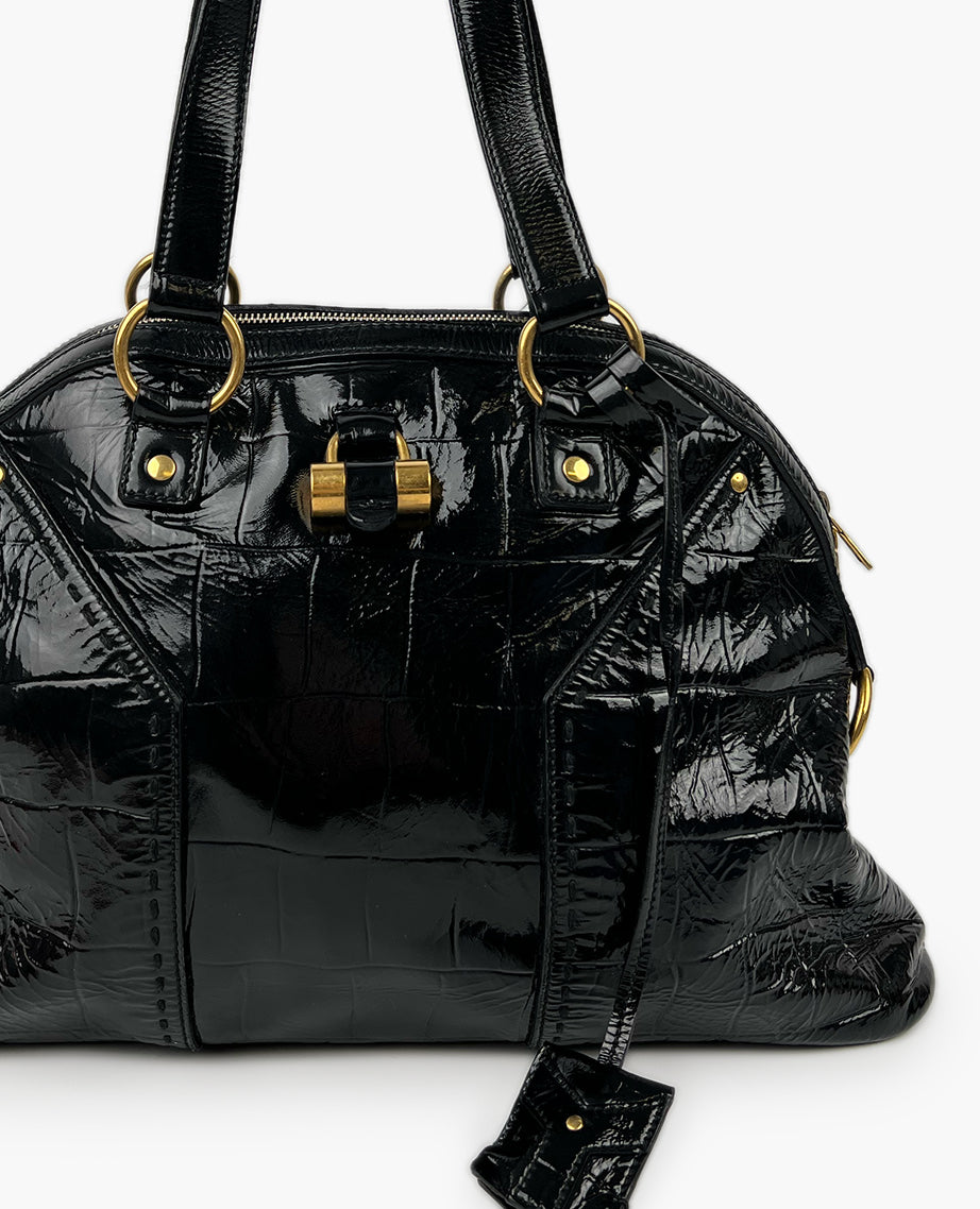 Saint Laurent Black Croc Embossed Patent Leather Muse Bag – Luxury
