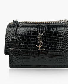 Saint Laurent Sunset Medium Croc- Effect Black Shoulder Bag SHW