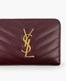 Saint Laurent Cassandre Matelasse Compact Zip Around Wallet In Grain De Poudre Embossed Leather Burgundy