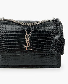 Saint Laurent Sunset Medium Croc-Effect Black Shoulder Bag SHW