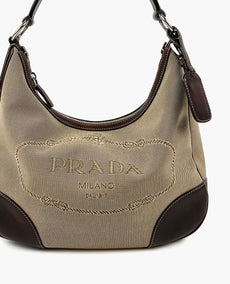 Prada Canapa Leather-Trimmed Hobo Beige