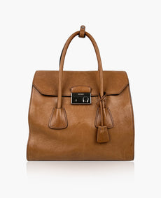 Prada Sound Lock Leather Satchel Brown