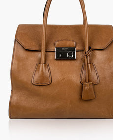 Prada Sound Lock Leather Satchel Brown