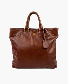 Prada Brown Soft Calfskin Leather Large Shopping Tote Bag