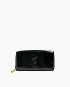 Yves Saint Laurent YSL Black Patent Leather Long Zip Wallet