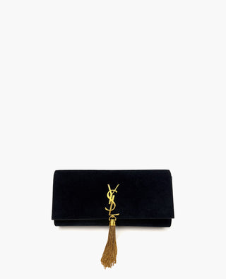 Saint Laurent Kate Black Velvet Tassel Clutch GHW