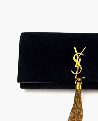 Saint Laurent Kate Black Velvet Tassel Clutch GHW