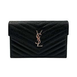 Saint Laurent Cassandre Matelasse Chain Wallet In Grain Embossed Leather Black